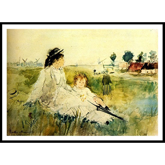 1875 Young woman and child in grass, A New Print of a painting by Berthe Morisot