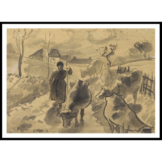 Girl Leading a Herd of Cows along the Road, A New Print Of a Camille Pissaro Painting