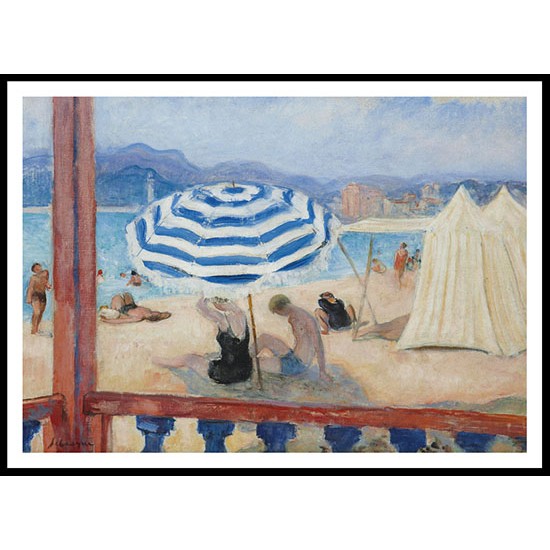 Cannes Blue Parasol and Awning, A New Print Of an Henri  Labasque Painting