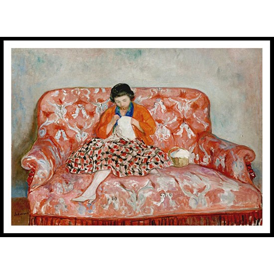 Girl Sewing on a Sofa 1925, A New Print Of an Henri  Labasque Painting