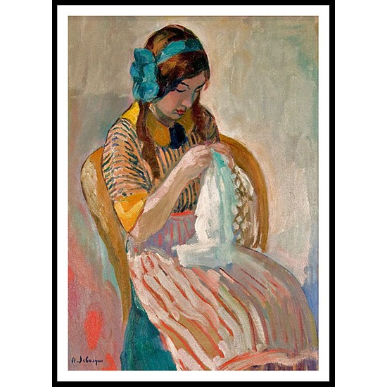 Young Girl Sewing, A New Print Of an Henri  Labasque Painting