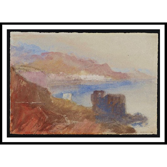 Mountains beside River or Lake with Ruins on Promontory 1834, A New Print Of a J. M. W Turner Painting