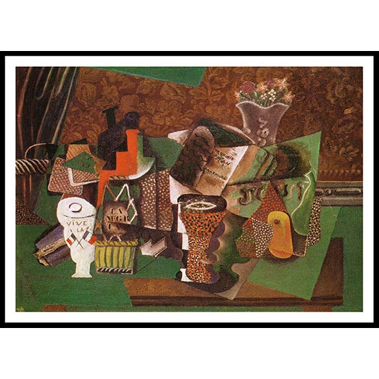 Still Life with Cards Glasses and a Bottle of Rum  Vive la France 1914 5, A New Print Of a Pablo Picasso Painting