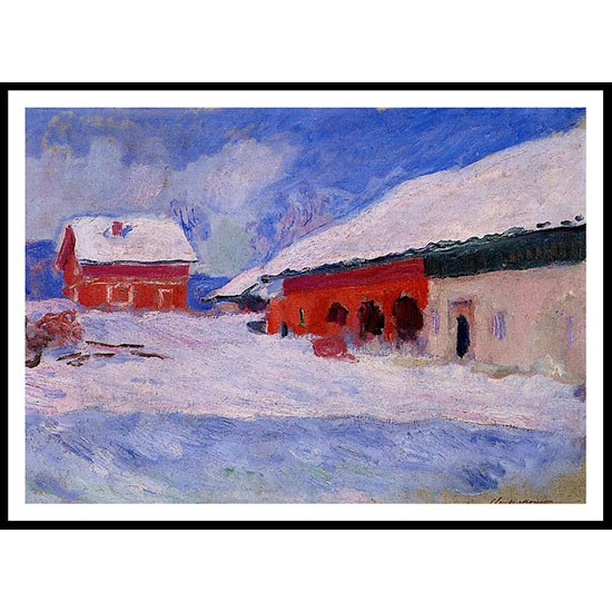 Red Houses at Bjornegaard in the Snow Norway 1895, A New Print Of a Painting By Adolphe Monet