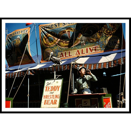 Circus Jack Delano Sideshow barker at the state fair Rutland Vermont 1941, A New Print Of a Vintage Circus Ad