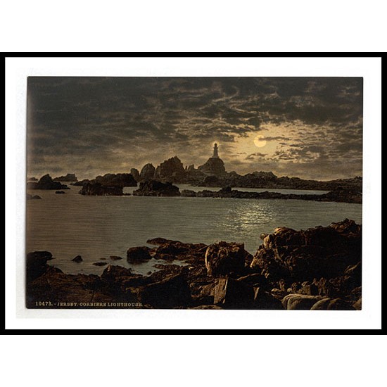 Jersey Corbiere Lighthouse by moonlight Channel Islands England, A New Print Of an English Photochrom Image Jersey Corbiere Lighthouse by moonlight Channel Islands England, A New Print Of an English Photochrom Image