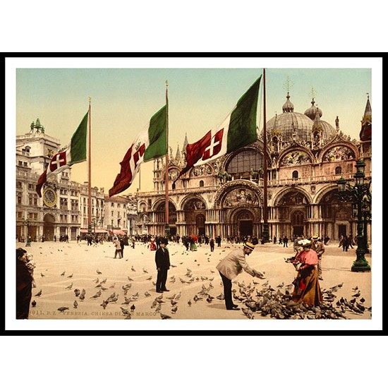 Feeding Pigeons St Marks Place Venice Italy, A New Print Of a Vintage European Street Scene